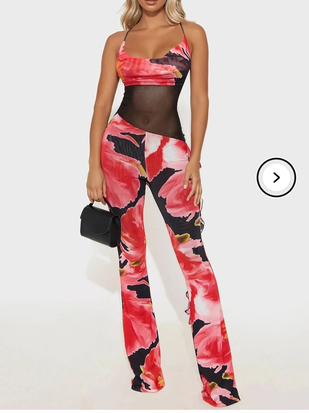 Red Floral Boot-Cut Mesh-Inset Jumpsuit